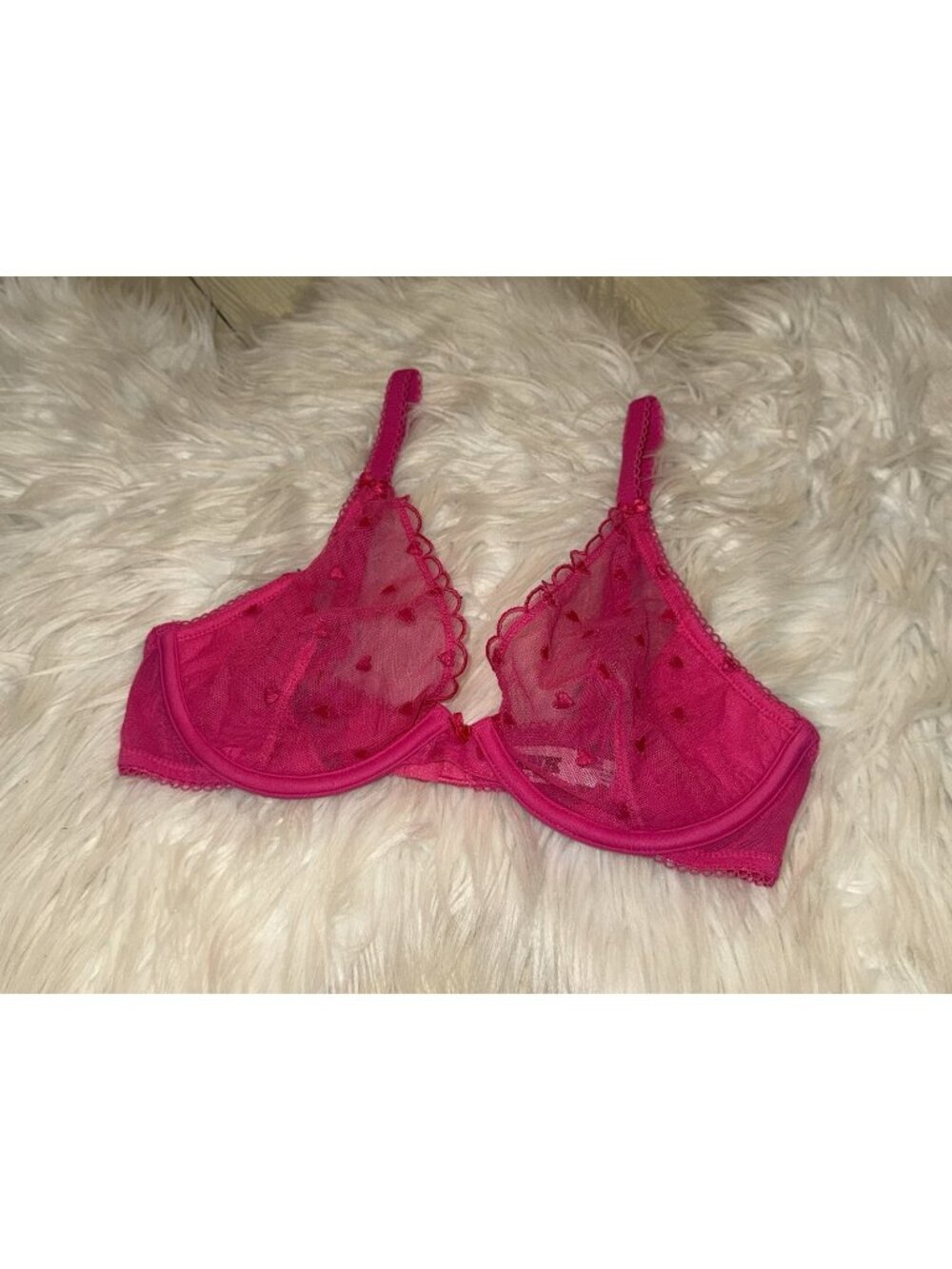 Pink Victorias Secret Unlined Bra Sheer Lace Hearts Print UW Womens 32C Hot Pink